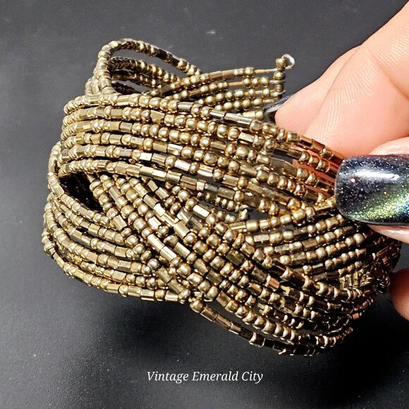 Vtg Metallic Bronze Gold Y2K 90s Striped Pretzel Memory Wire Cuff Bead Bracelet - Picture 6 of 12